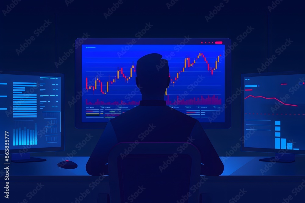 Poster silhouette of a trader at a desk analyzing multiple monitors displaying financial data and stock mar