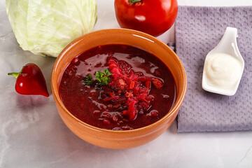 Borsch soup with cabbage and beetroot