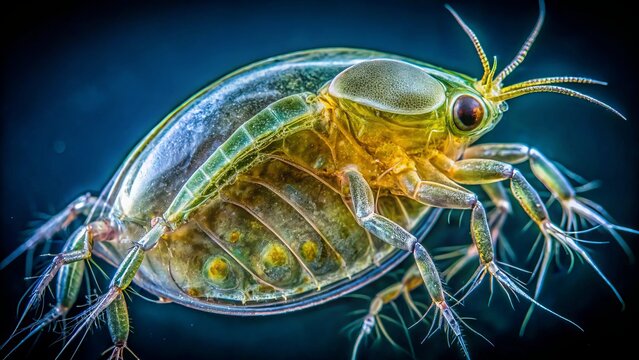 Microscopic view of freshwater dwelling female Daphnia Simocephalus vetulus, a Branchiopoda class, Daphniidae family water flea with eggs.