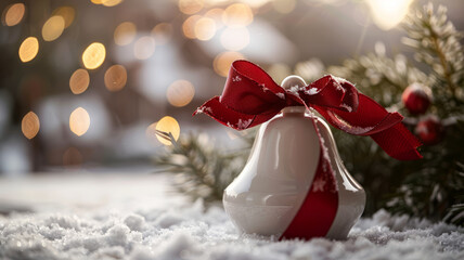 Obraz premium White Christmas bell with red ribbon in snowy landscape, blurred lights