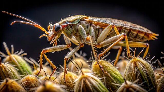 Close-up of Embia savignyi, a fast-moving, soft-bodied insect with silk-producing glands, feeding on rotting plant remains in dark habitat.