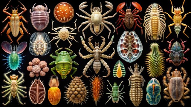 Microscopic view of assorted Acari species, showcasing diverse morphologies from Parasitiformes, Acariformes, Oribatida, Trombidiformes, Prostigmata, and others.