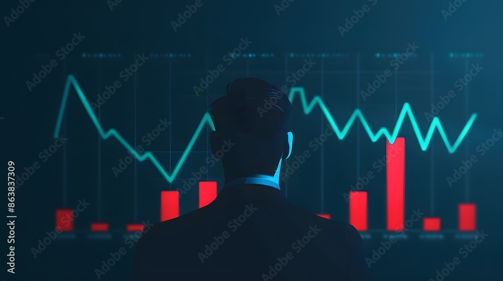 Poster back view of a businessman analyzing financial data on a screen with graphs and charts, representing