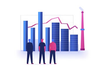 Business analysts evaluating statistical financial data presented in bar graphs with trend lines, symbolizing economic growth and analysis.