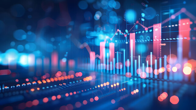 
Perspective view of stock market growth, business investing and data concept with digital financial chart graphs, diagrams and indicators on dark blue blurry background