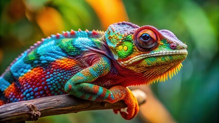 Obraz premium A colorful chameleon perched on a branch, staring directly at the camera, chameleon, colorful, reptile, branch, nature