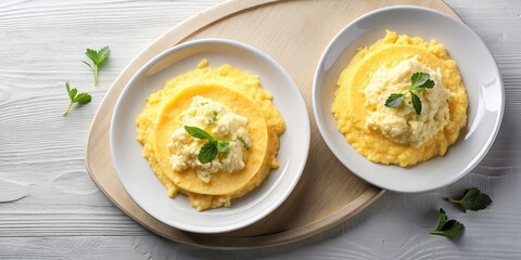 Polenta with cheese on plates isolated on background, top view, polenta, cheese, Italian, dish, cornmeal, comfort food