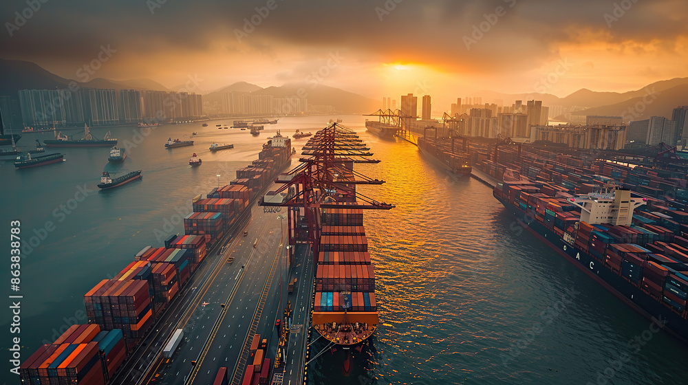 Wall mural An aerial view of a port terminal, a container, a cargo ship