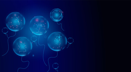 Abstract digital technology. flying balloon concept containing social media icons on a bright blue background