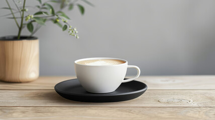 White cup of coffee on a saucer with a potted plant in the background.