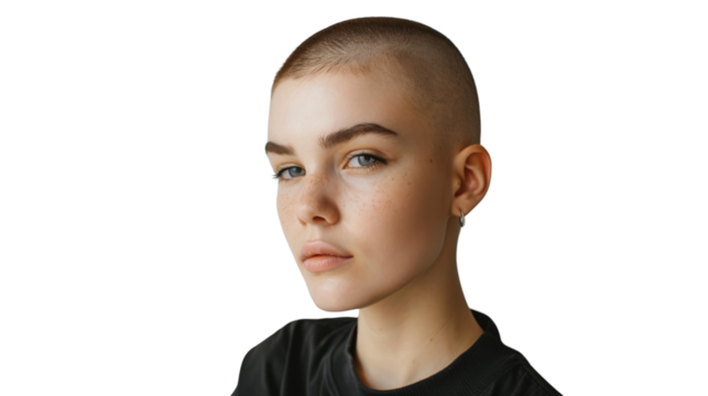 Caucasian bald young woman , with shaved head on transparent background