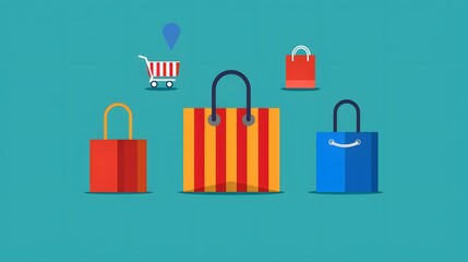 Colorful shopping bags and cart icons on a turquoise background representing online shopping and retail concepts.