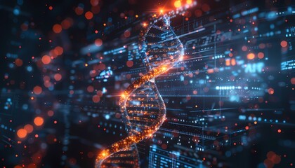 A glowing, digital DNA strand against a background of glowing blue and red lights. The image evokes a sense of science, technology, and the future.