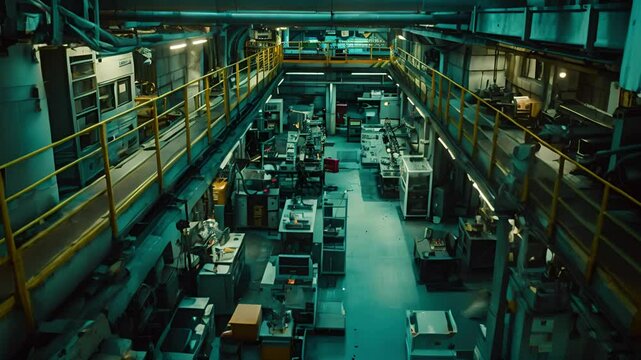 An industrial lab aglow with evening lights, showcasing innovation