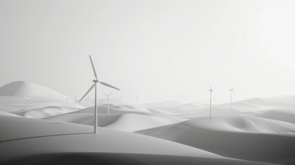 A serene desert landscape dotted with wind turbines, capturing the essence of sustainable energy production against the backdrop of rolling dunes and a hazy horizon.