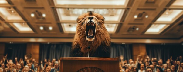 A lion roaring behind a podium in a room filled with people, under a lit ceiling.