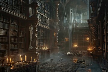 A spooky library filled with ancient books, flickering candles, and ghostly apparitions, creating an eerie and mysterious atmosphere