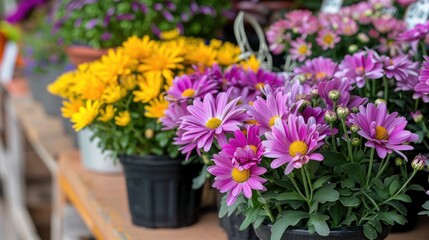 Assortment of colorful chrysanthemums in garden store Daisy flowers in pots Summer and autumn outdoor background Purple and yellow chrysanthemum blossoms in pot