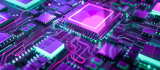 concept futuristic digital microchips green and violet color