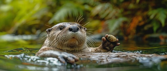Naklejka na ściany i meble A charming otter enjoys a playful moment in a serene river, showcasing its curiosity and lively nature in a lush natural habitat.