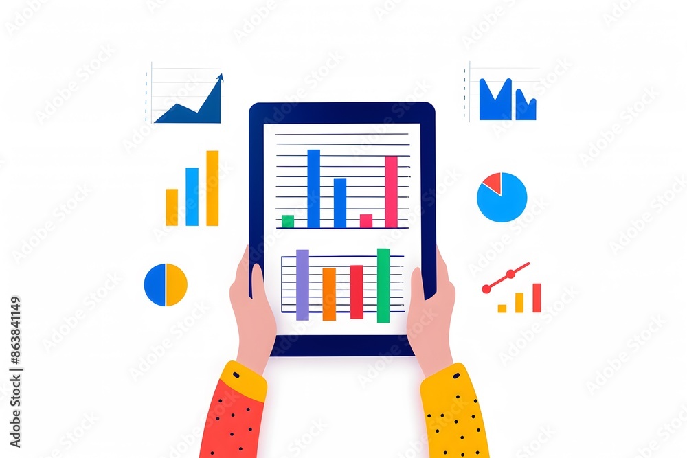 Poster hands holding a tablet displaying colorful charts and graphs, representing data analysis and busines
