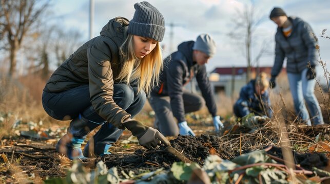 People ages participating in community clean-up initiative armed with rakes shovels to remove debris from local park