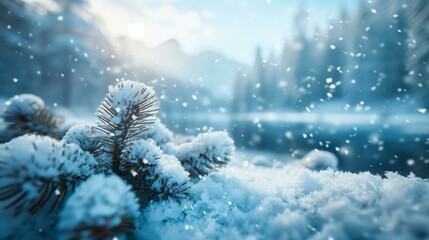 Winter landscape with snow-covered trees mountains in background, snow peaceful forest cold