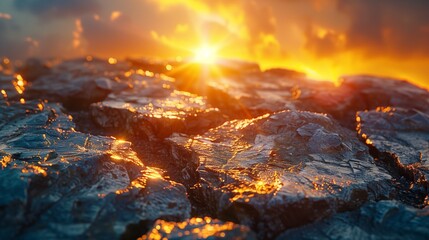 Sunset rocky shore, yellow sky light