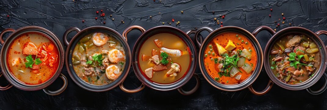 Asian Soups Set with Kespe Soup, Kullama or Beshbarmak, Fish Soup Bouillabaisse