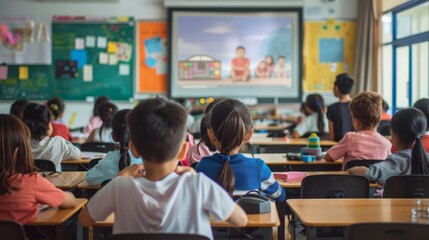 A classroom with a projector screen displaying a lesson, representing the use of technology in modern education.