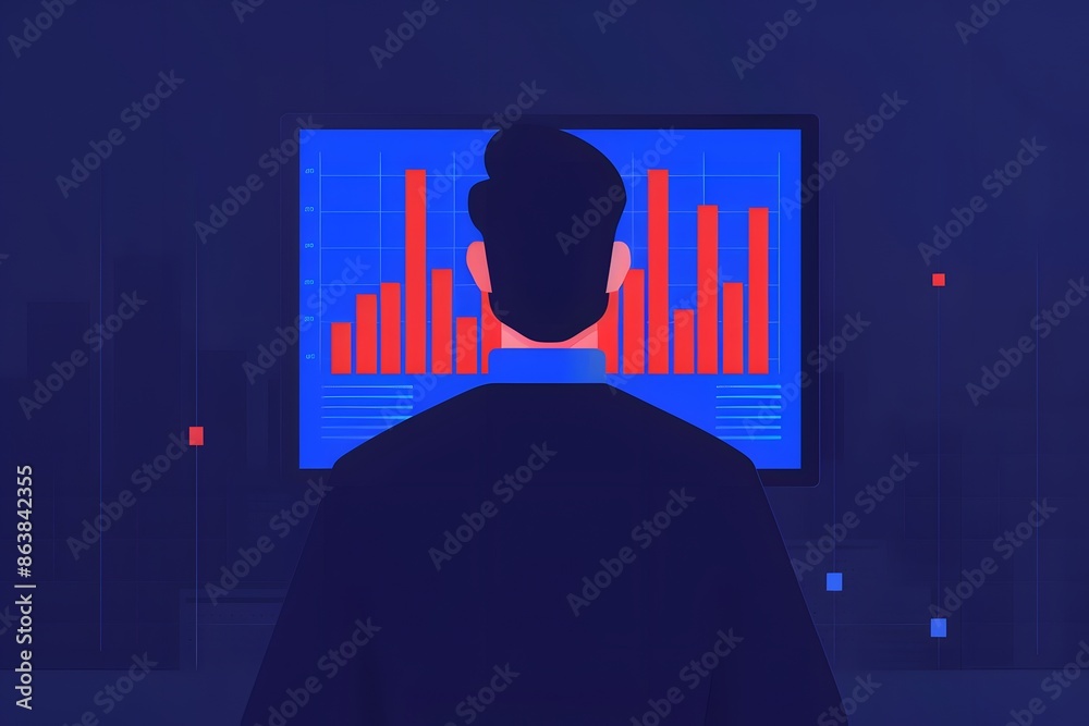 Poster illustration of a man analyzing data on a computer screen with a bar graph. concept of data analysis