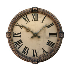 Antique wall clock with Roman numerals, aged patina, and elegant ornate detailing, perfect for vintage decor and historical ambiance.