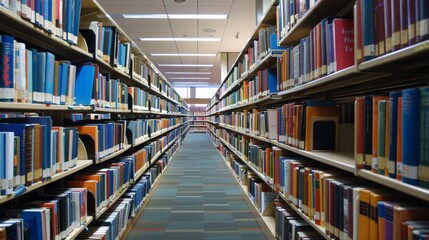 A library with rows of shelves filled with books, showcasing a quiet and contemplative space for reading and research.