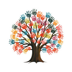 Naklejka premium A vibrant tree illustration composed of colorful handprints as leaves, symbolizing diversity and unity. Perfect for educational and social themes.