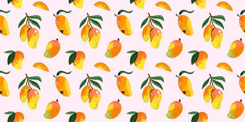 Mango seamless pattern. Abstract exotic tropical fresh fruit. Healthy juice. Botanical element. Decor textile, wrapping paper, wallpaper design. Print fabric, vector cartoon minimalistic illustration
