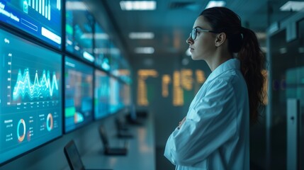 A woman in a lab coat stands in a control room, analyzing data on large screens. She is focused and determined, looking at the information displayed.