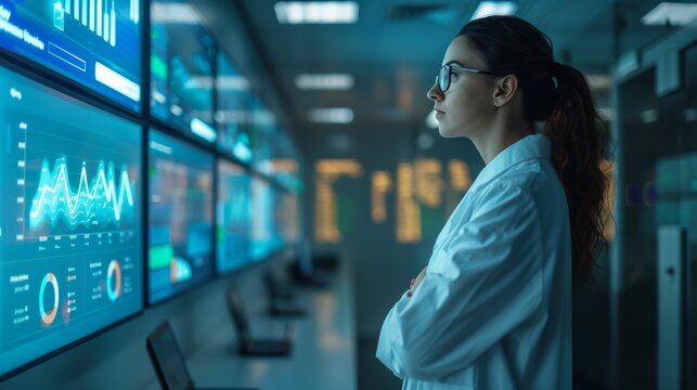 A woman in a lab coat stands in a control room, analyzing data on large screens. She is focused and determined, looking at the information displayed.