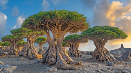Fototapeta premium images of the iconic Dragon Blood Trees, a backdrop of rocky terrain, majestic mountains.