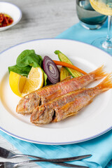 Top view of raw red mullet fish on ice on display at seafood fish market