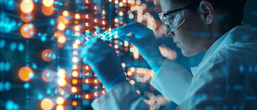 A scientist examines a sample in a laboratory setting with a futuristic background.