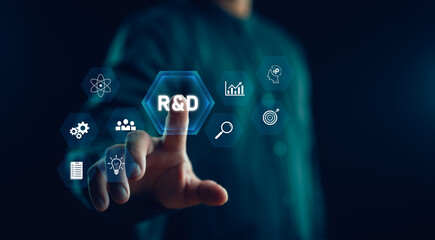Businessman pointing to Research and development or R and D to remine new product development...
