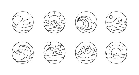 Line waves circle. Outline marine round icons, emblem logo or badge design. Minimal illustration. Sea ocean summer vacation. Pictogram water streams. minimalistic symbol. Vector isolated illustration