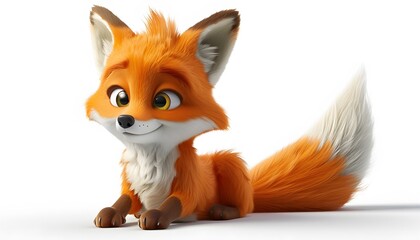 Obraz premium A 3D rendered cartoon fox with big eyes and a fluffy tail sits on a white background. It looks happy and playful.