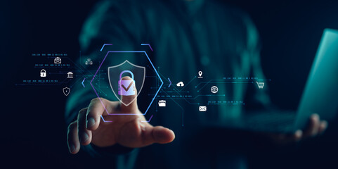 Cybersecurity and privacy concepts to protect data. Lock icon and internet network security technology. Businessman protecting personal data on smartphone, virtual screen interfaces. cyber security.