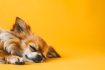 Adorable dog taking a nap on a yellow background with plenty of space for text. Calm and restful scene.