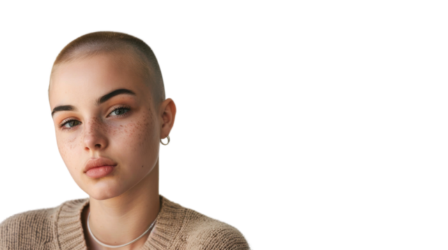 Caucasian bald young woman , with shaved head on transparent background