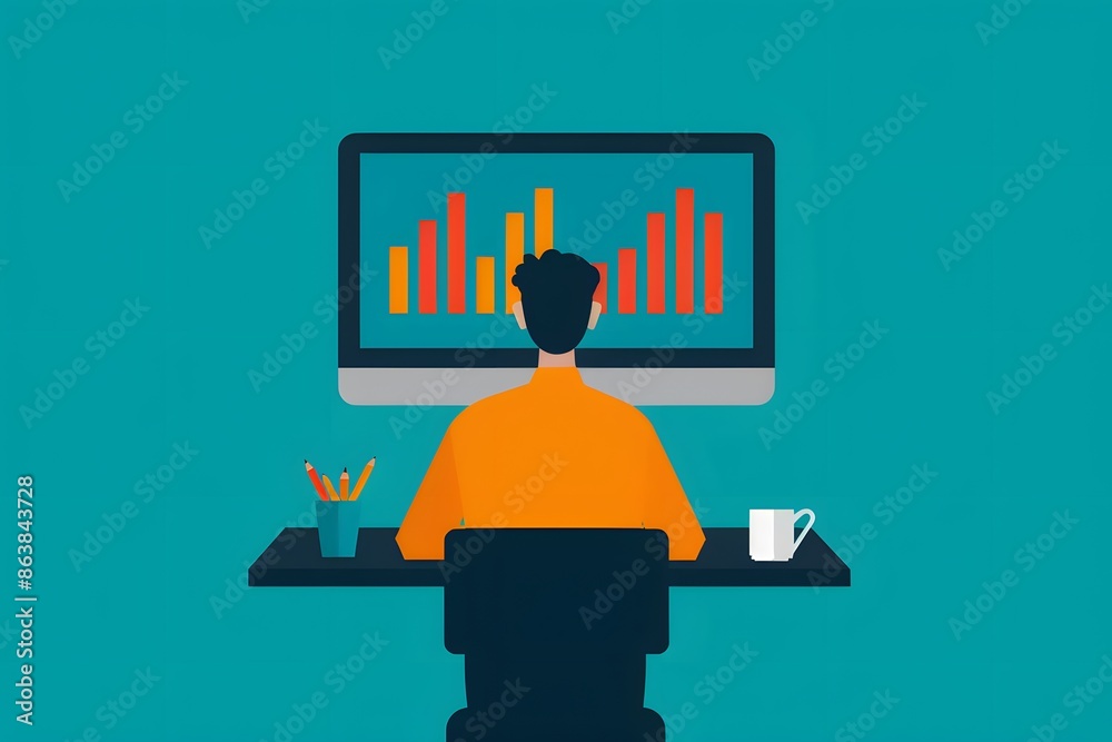 Poster man analyzing data charts on a computer screen in an office setting, showcasing modern work environm