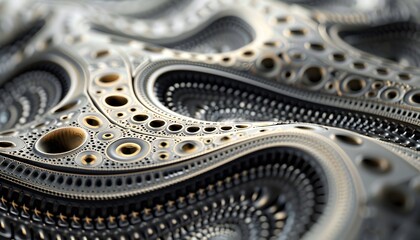 Obraz premium A close-up shot of a metallic, textured surface with circular and geometric patterns. The surface has a metallic sheen and appears to be made of multiple layers.