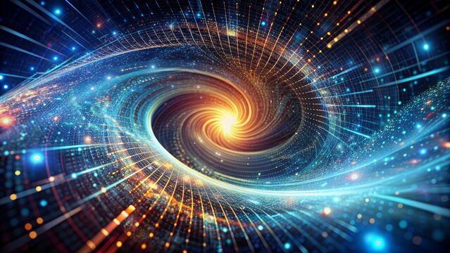 Futuristic digital vortex with glowing neural networks, swirling data streams, and encrypted code fragments on a dark gradient background.