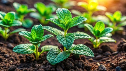 Fresh vibrant green mint leaves sprouting from rich soil in a lush, tropical, organic vegetable garden, bursting with natural vitality.